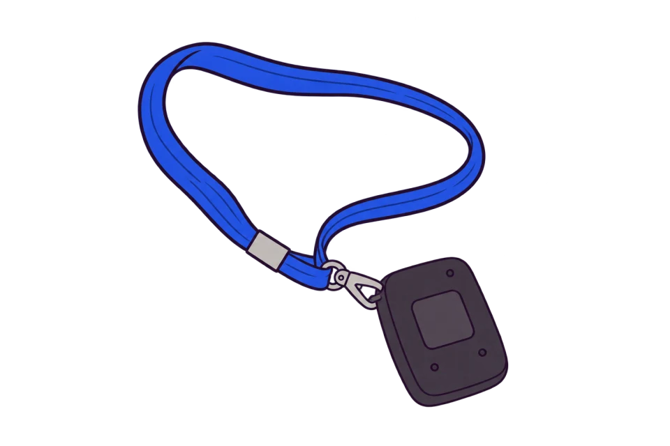 TeachScribe's push-to-talk microphone with its blue lanyard and central recording button
